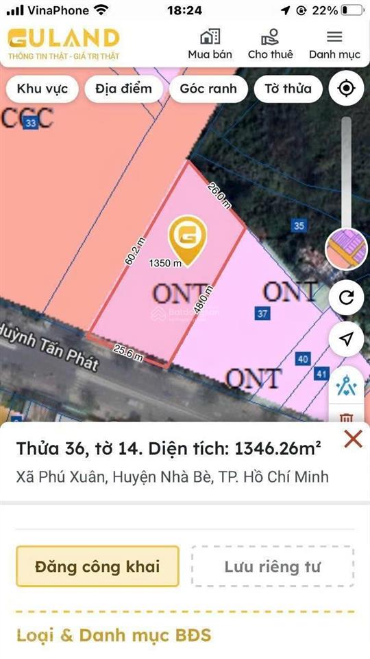 Bán đất 1280m2 tại huỳnh tấn phát, xã phú xuân, nhà bè, hồ chí minh chỉ với 44 tỷ vnd