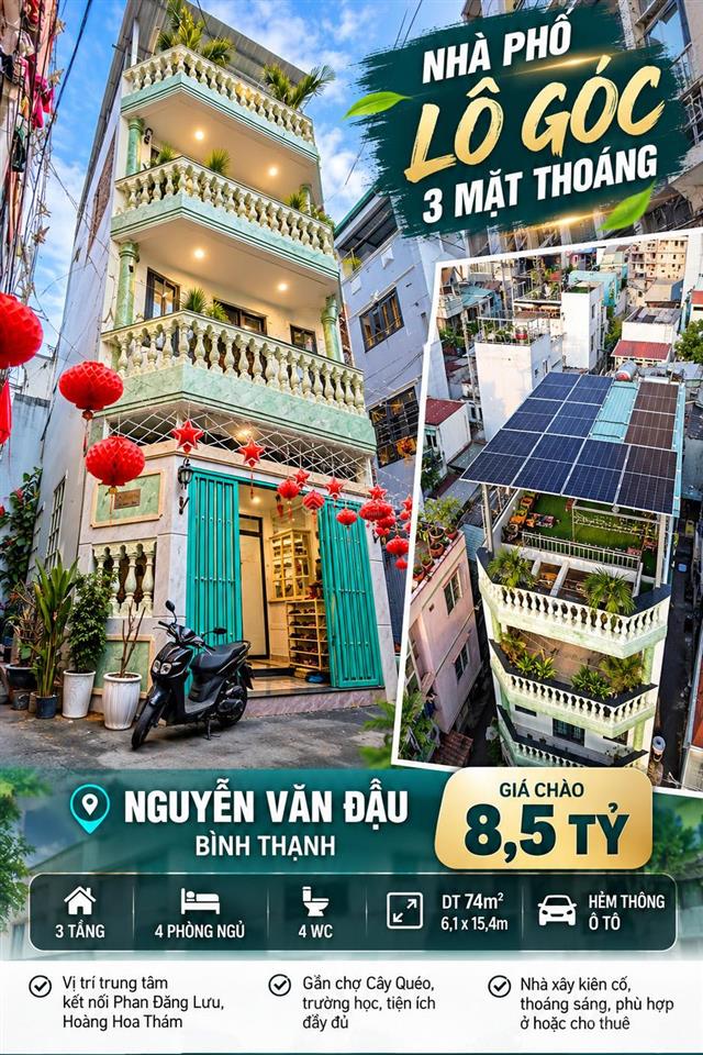 Nhà phố góc 3 mặt thoáng nguyễn văn đậu, có năng lượng mặt trời