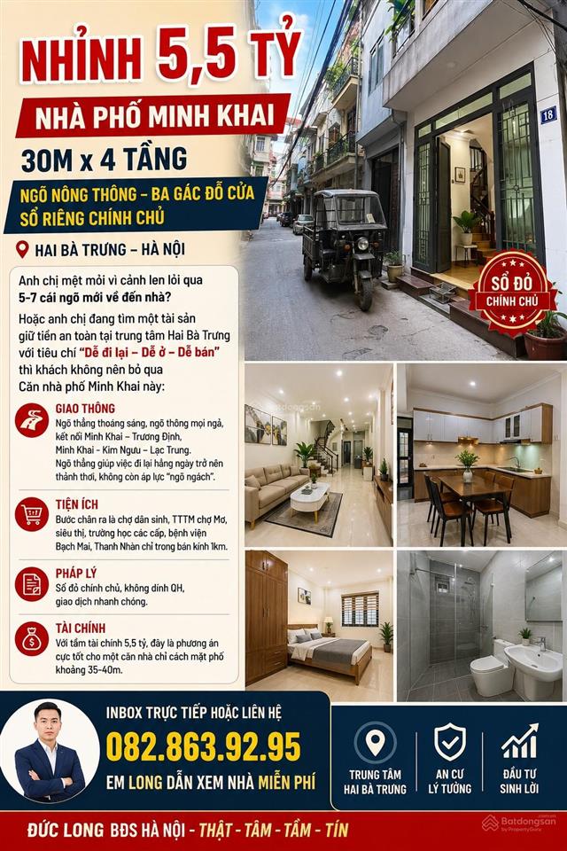 5,6 tỷ  nhà phố minh khai 30m x 4 tầng, mặt tiền rộng  ngõ nông thông  ba gác đỗ cửa