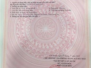 Chính chủ bán gấp 1 lô đất (ngang 4m  dài 27m) ở mặt đường rộng 8m, gần chợ long cang. giá 1,8 tỷ.