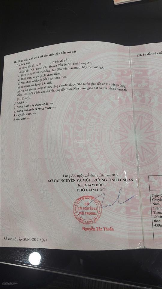 Chính chủ bán gấp 1 lô đất (ngang 4mdài 27m) ở mặt đường rộng 8m, gần chợ long cang, giá 900 triệu