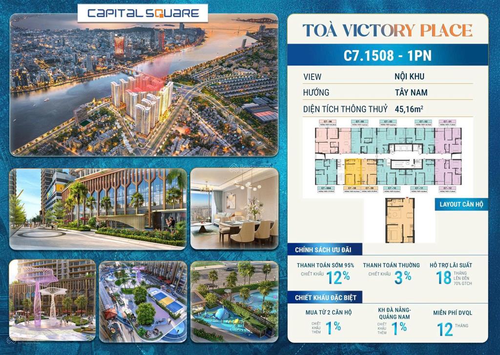 Nổi bật căn 1pn tòa c7 mới nhất tầng 15 view quảng trường, giá chỉ 4.055 tỷ