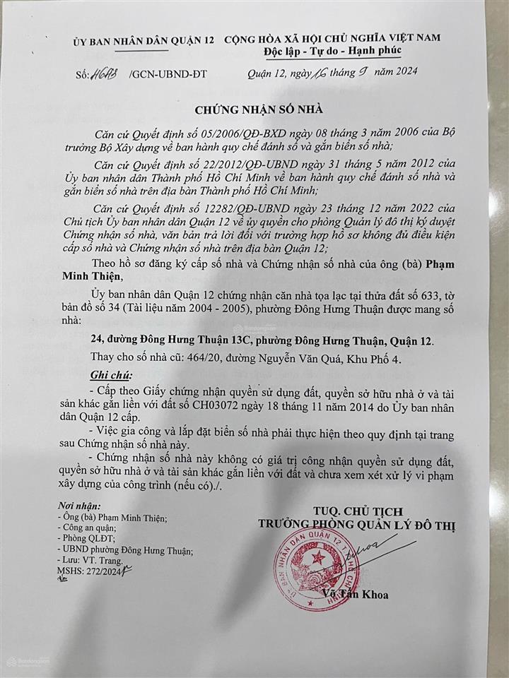 Chính chủ  bán nhà mặt tiền đht 13c  gần nguyễn văn quá  5x13  7 tỷ