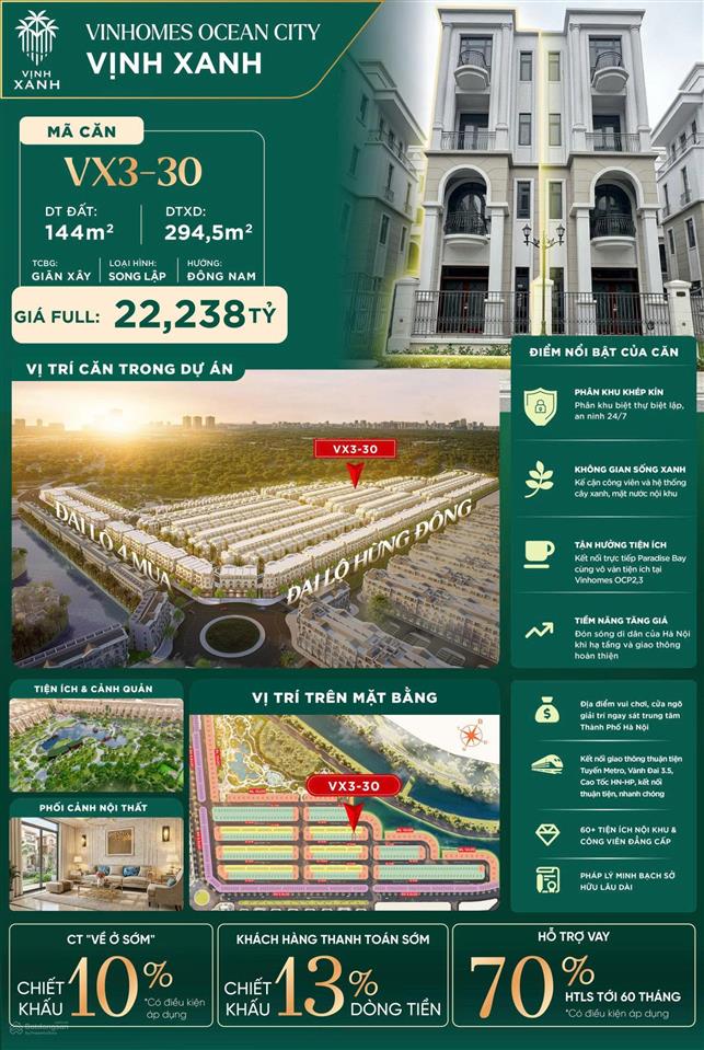 Bán biệt thự tại vinhomes ocean park 3, giá tốt 19,6 tỷ, 144m2