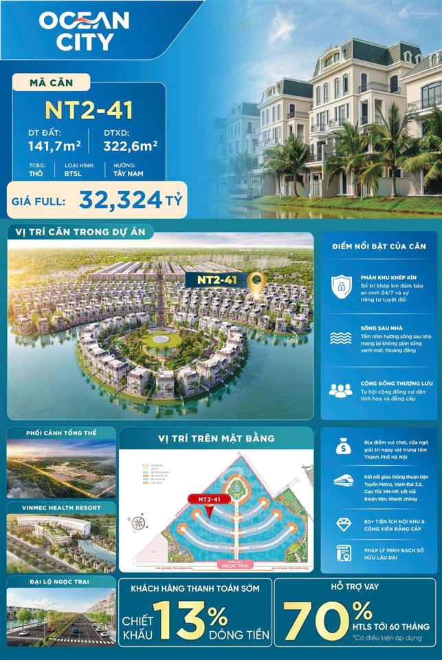 Bán biệt thự vinhomes ocean park 2, 31,7 tỷ, 141,7 m2, giá tốt
