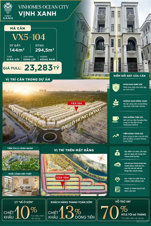 Bán biệt thự vinhomes ocean park 3, 20,5 tỷ, 144m2, view đẹp, uy tín