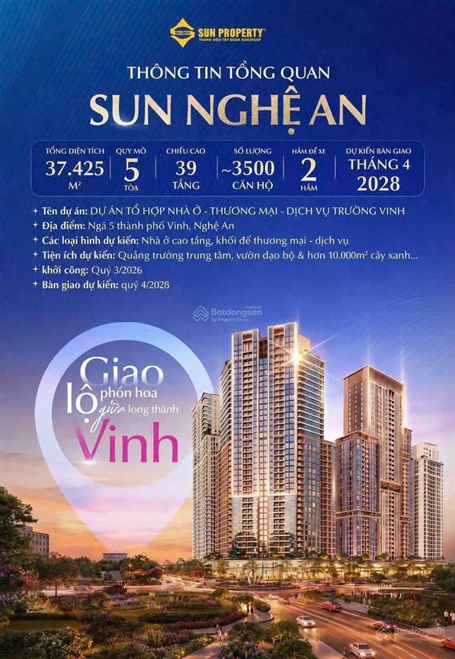 Bán cc tp vinh nghệ an  sun trường vinh sun group, studio 29m2 hướng đông nam, gần quảng trường