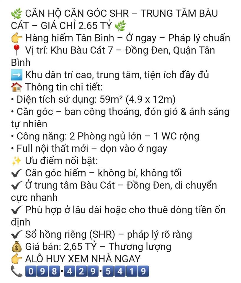 Căn hộ căn góc shr bàu cát tân bình 60m² full nội thất giá 2.65 tỷ ở ngay