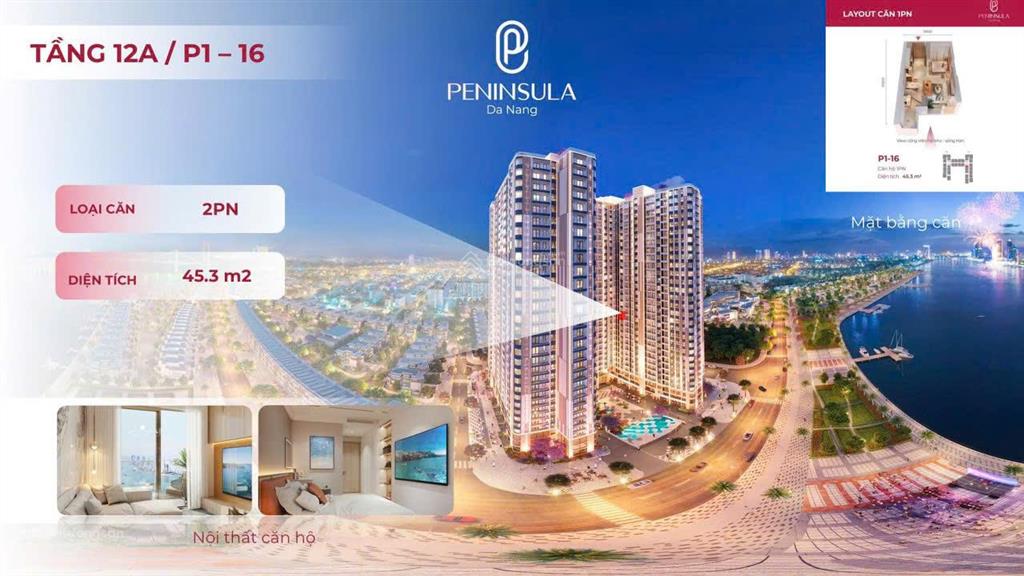 Hot. chỉ 2tỷx. sở hữu ngay căn 1pn  dt 48m2 view biển mỹ khê + sơn trà tòa căn hộ peninsula