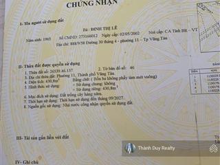 Chính chủ bán lô đất hẻm 116 đô lương vũng tàu  430m2 ngang 9m vuông vức  giá 10tr/m2