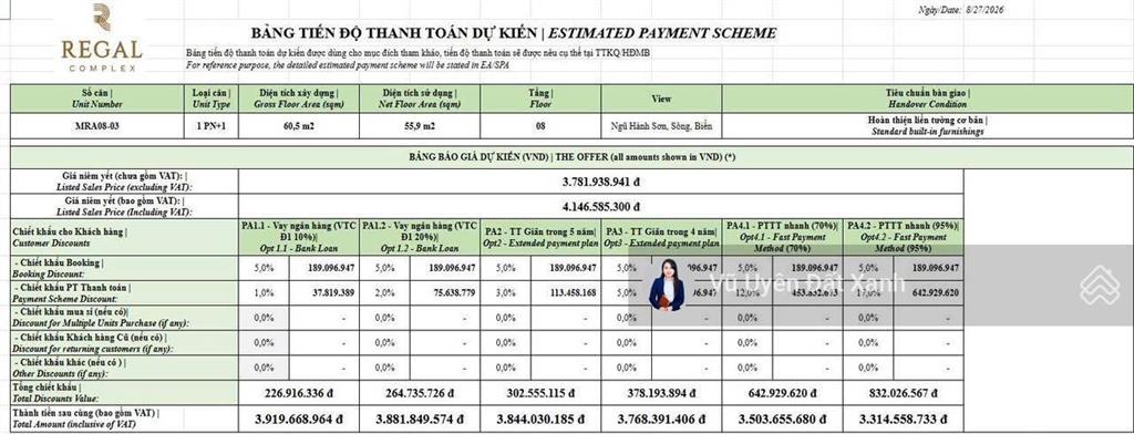 Nổi bật căn 1pn+// regal complex  tầng 8  view sông cô cò, núi ngũ hành và thành phố  sổ lâu dài