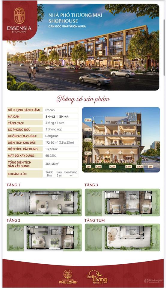 Shophouse mặt tiền nguyễn hữu thọ 7.5x23m 1 trệt, 2 lầu, 1 tum sở hữu lâu dài  essensia broadway