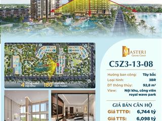 Bán căn hộ 3pn view công viên bể bơi biển hồ tạo sóng, giá chỉ ~65tr/m2