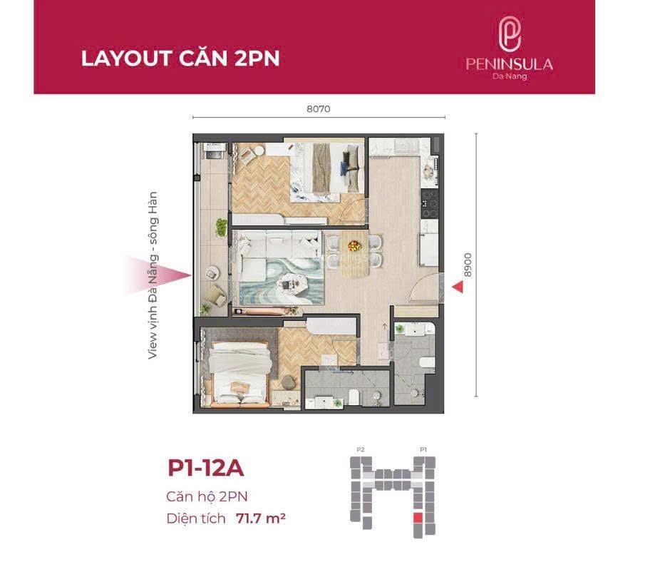 Căn 2pn view sông hàn 72m² peninsula full nội thất giá 4,72 tỷ