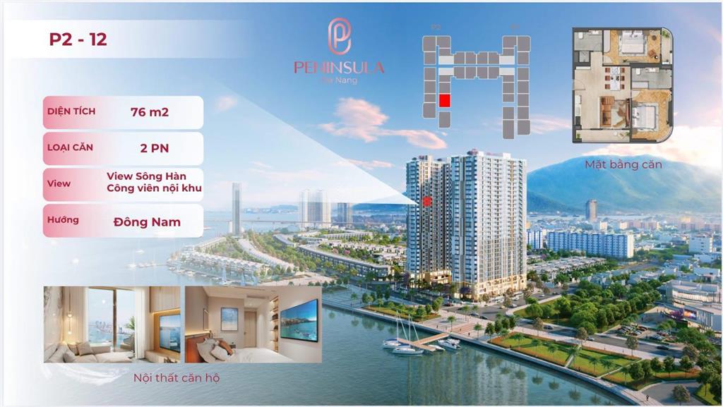 Căn 2pn tầng trung peninsula trục p2 view sông hàn giá 4,x tỷ