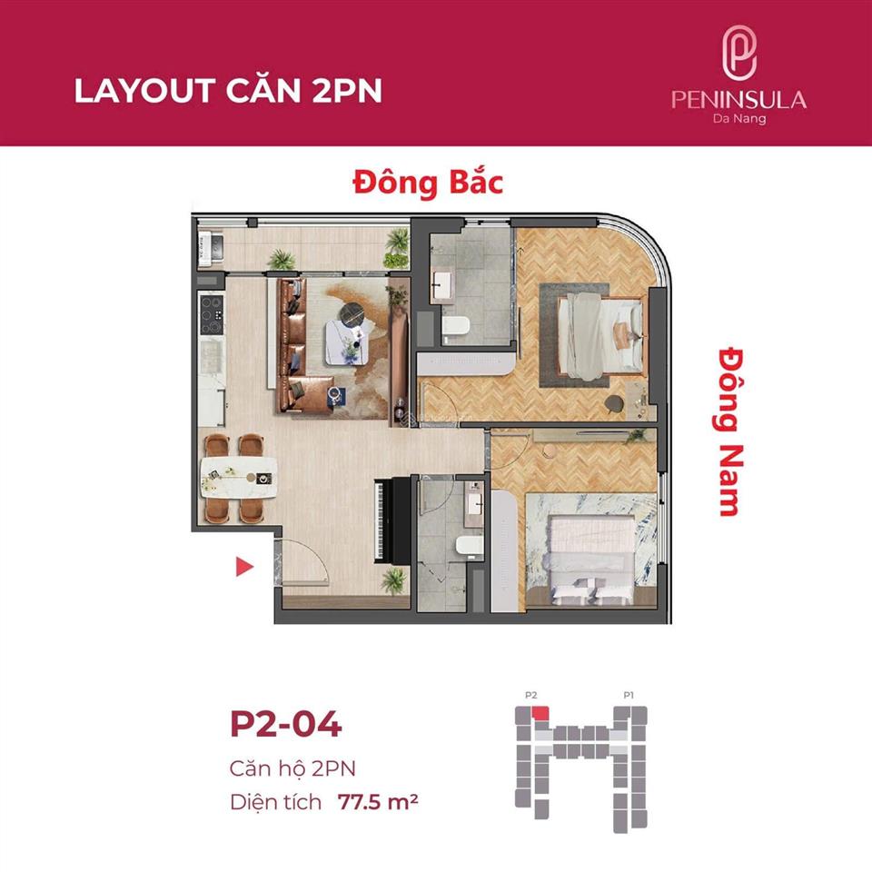 Chỉ 4,268 tỷ cho căn góc 2pn  77,6m2 peninsula (55tr/m2)