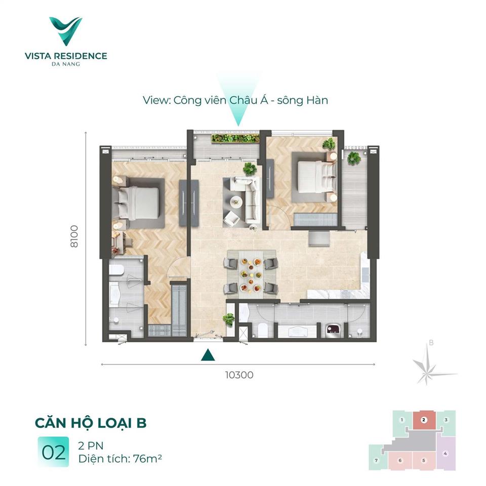 Căn 2pn tầng cao full nội thất 76m2 vista  hoà cường cần bán 5,4 tỷ