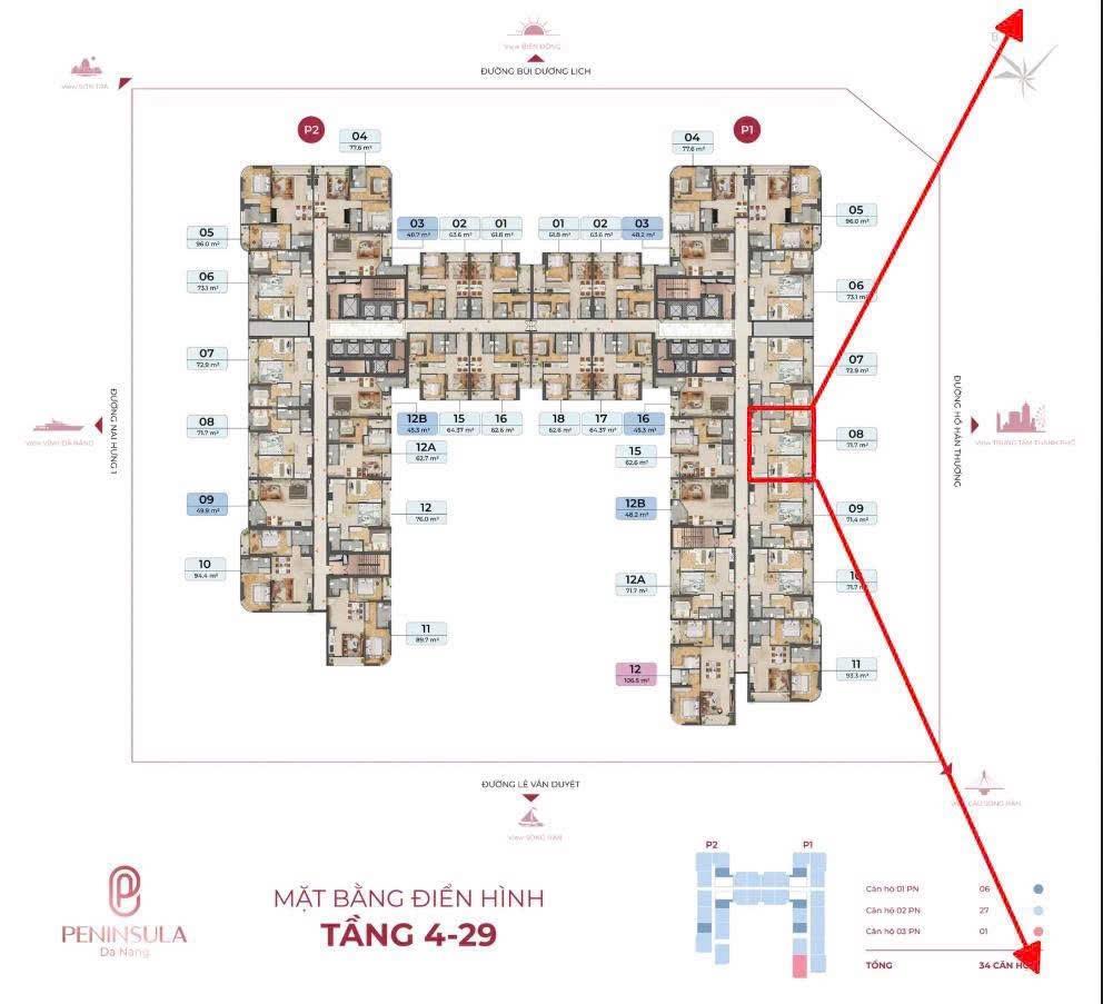 Căn 2pn  72m2 view sông hàn + cầu rồng peninsula đà nẵng bao phí 4,75 tỷ