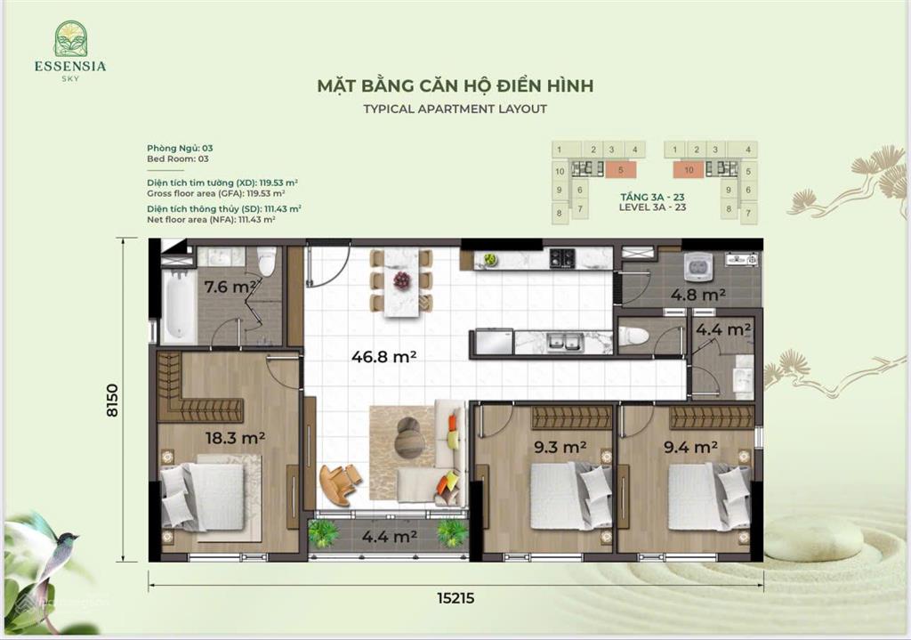 Chỉ 8,4 tỷ sở hữu căn hộ 3pn2wc essensia sky 119m2, có tặng gói nt hoàn thiện bếp 280tr view hồ bơi