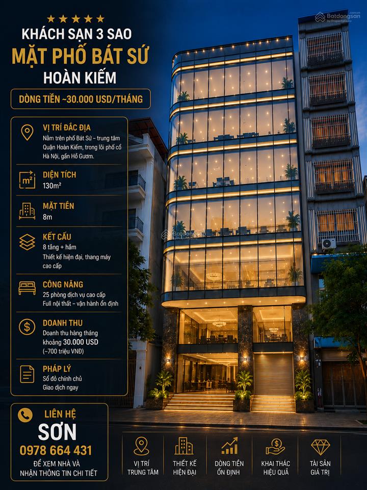 Khách sạn 3 sao 9 tầng  phố bát sứ  hoàn kiếm  dòng tiền khoảng 30.000 usd/tháng
