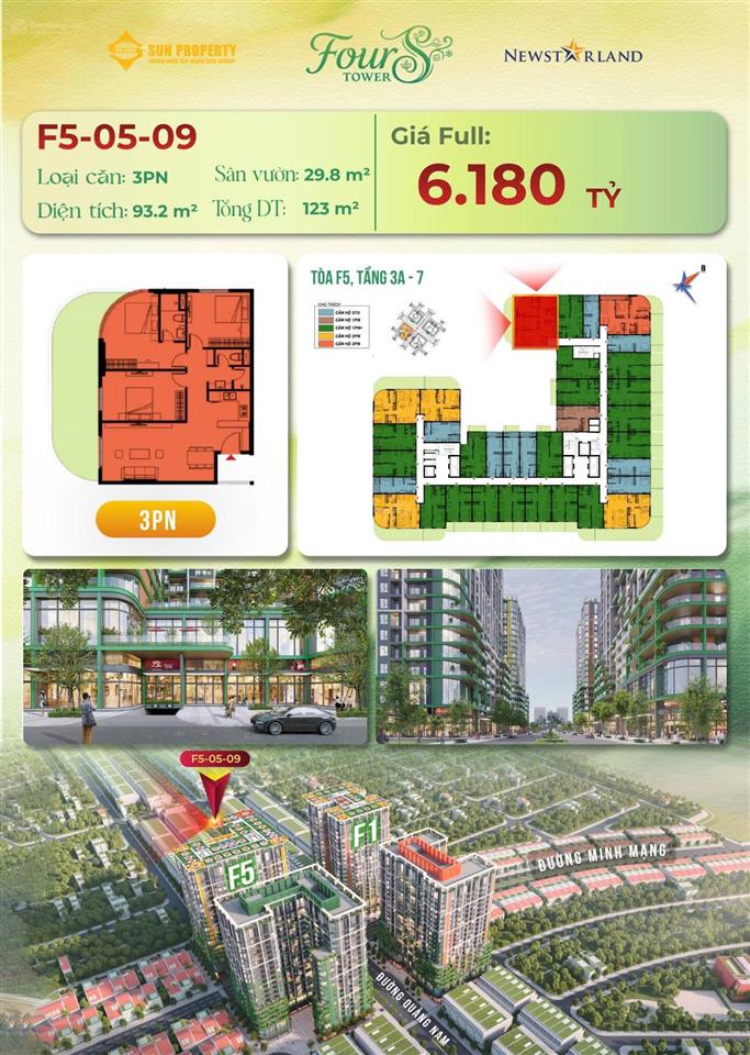 Bán căn hộ sân vườn 3pn, dt 123m2 tại fours tower, minh mạng, ngũ hành sơn, đà nẵng, giá 4,6 tỷ/căn