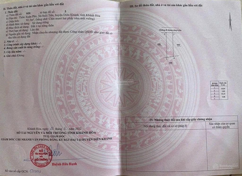 Bán đất 92.5m2 tại thôn xuân phú, 380 triệu, huyện diên khánh, khánh hòa