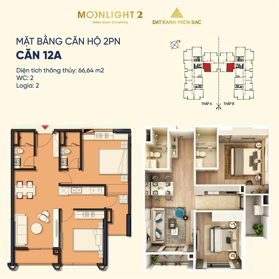 Bán cc moonlight 2, an khánh, hà nội, 83 triệu/m2, 66.64m2, 2pn, 2wc, hot!