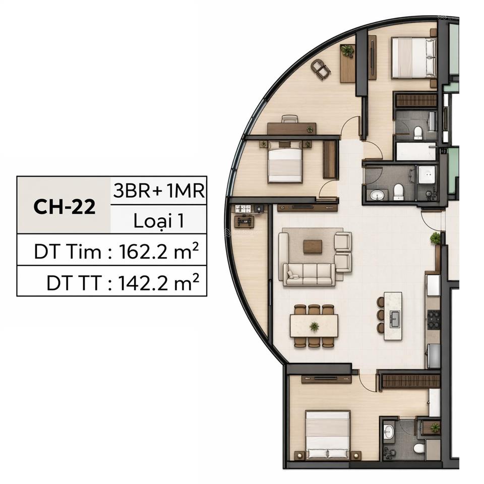 3pn cao xà lá 142m²  ba mặt kính cong, view trực diện mặt đường nguyễn trãi, 1 bước chạm ga metro.