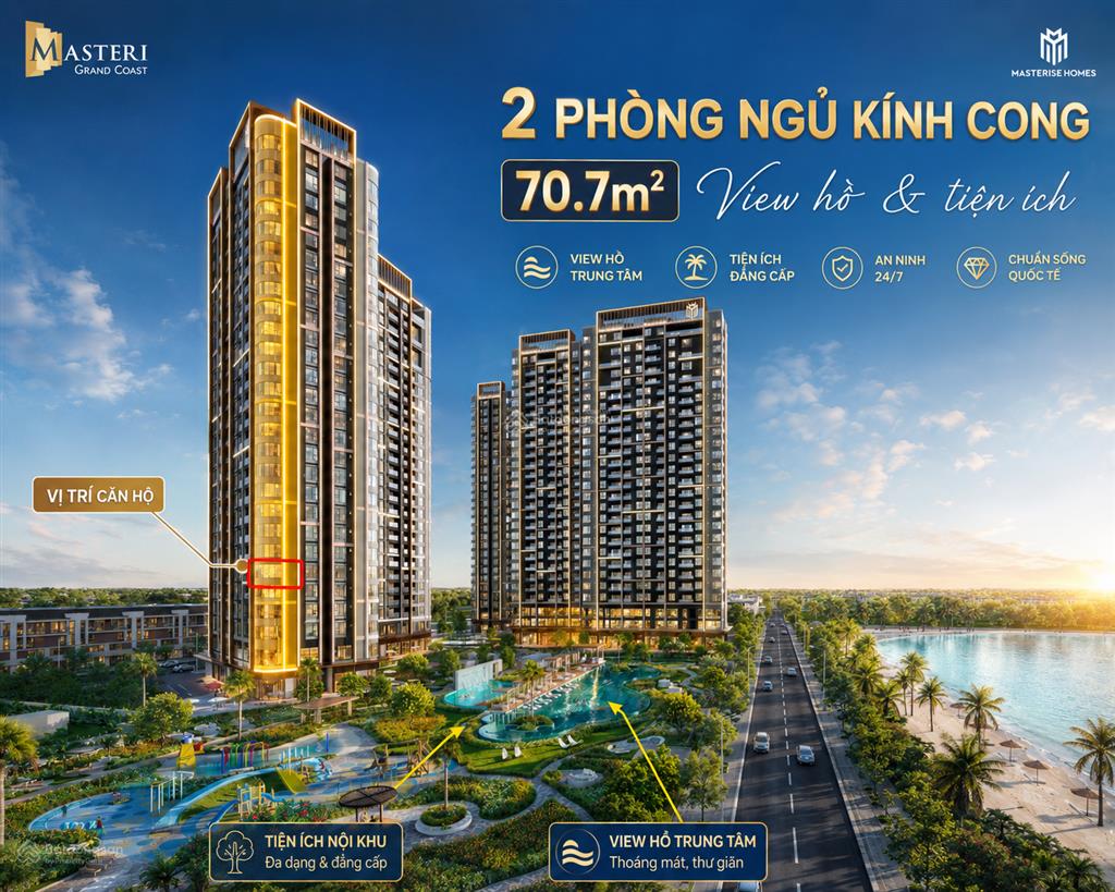 Căn hộ 2pn kính cong masteri grand coast | view công viên & hồ bơi | chung cư hưng yên giá 4,2 tỷ