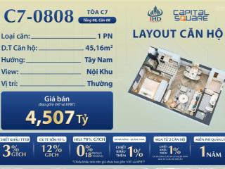 Bán căn hộ 1 ngủ 45m2 tầng 8 tòa c7 dự án capital square đà nẵng