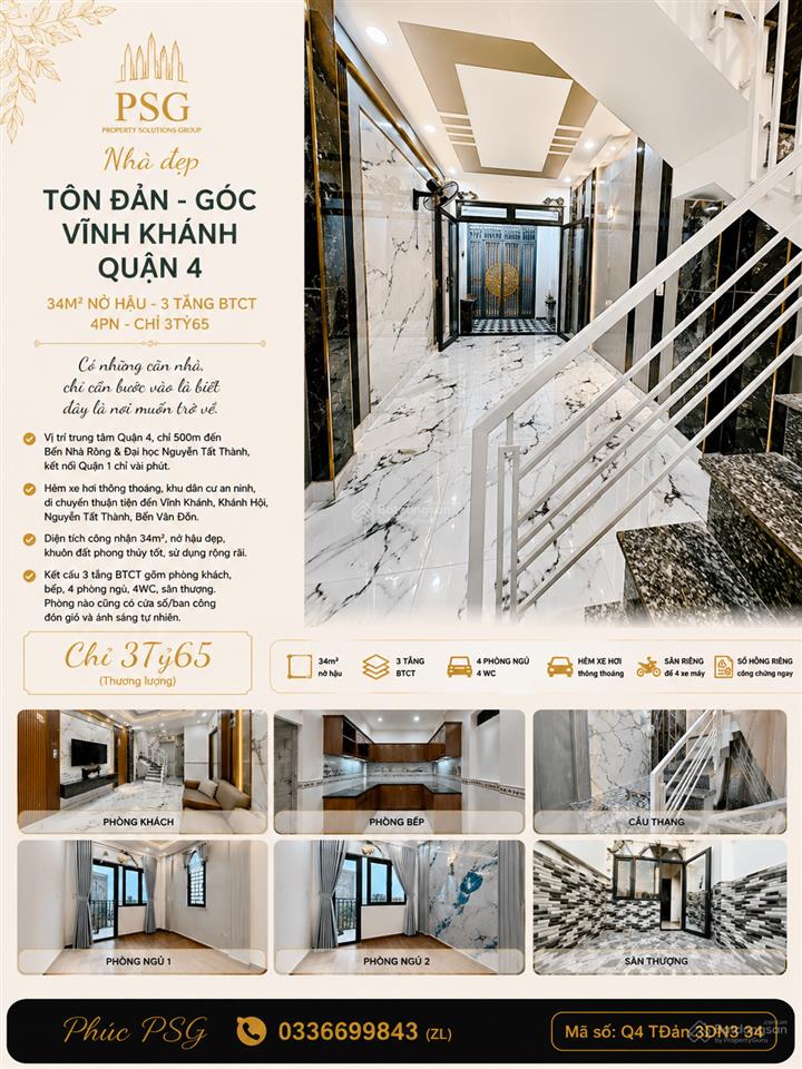 Tôn đản  góc vĩnh khánh  quận 4  34m2 nở hậu  3 tầng btct  4pn  chỉ 3tỷ65