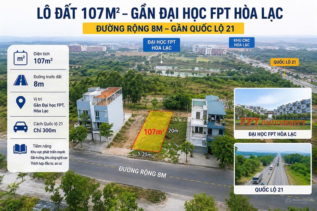 Cần tiền bán lô đất 107m2 gần sát đh fpt hoà lạc, gần quốc lộ 21 sắp mở rộng, bám mặt trục chính
