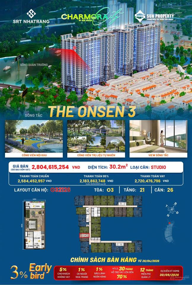 Căn studio ch26 tầng 21 mặt ngoài view sông thoáng mát tòa onsen 3 charmora city nha trang chỉ 2tỷ2