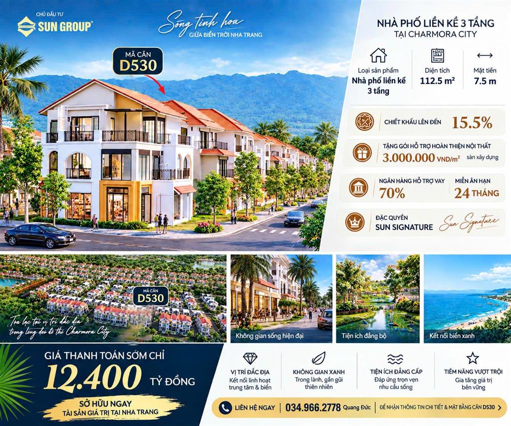Căn nhà phố liền kề 3 tầng, mặt tiền 7.5m giá tốt charmora city nha trang  sun group