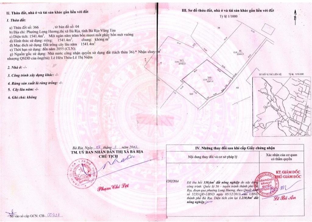 Mặt tiền 1210.8m2 quốc lộ 56, ngang 38m giá 15,5 tỷ (thương lượng) xã long hương tp bà rịa