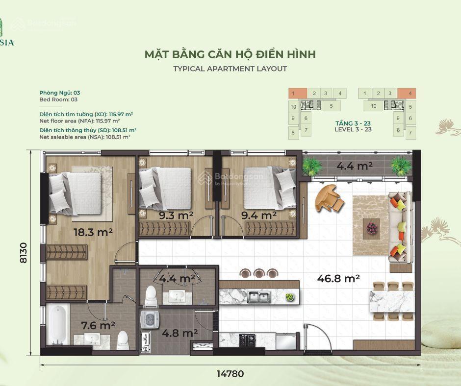 Bán căn hộ 116m2, 3pn, dự án essensia sky
