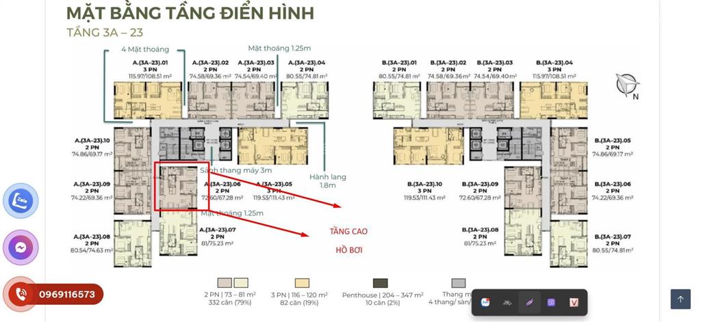 Chuyển nhượng gấp 2pn 72m view hồ bơi, tầng cao | 5,6 tỷ