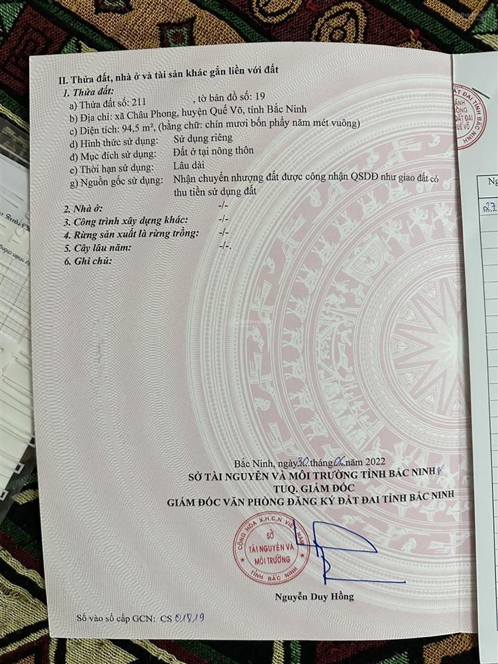 Bán đất 94,5m2 tại châu phong, quế võ, bắc ninh, 1,2 tỷ ( khoảng 12,69tr/m2 có thương lượng)