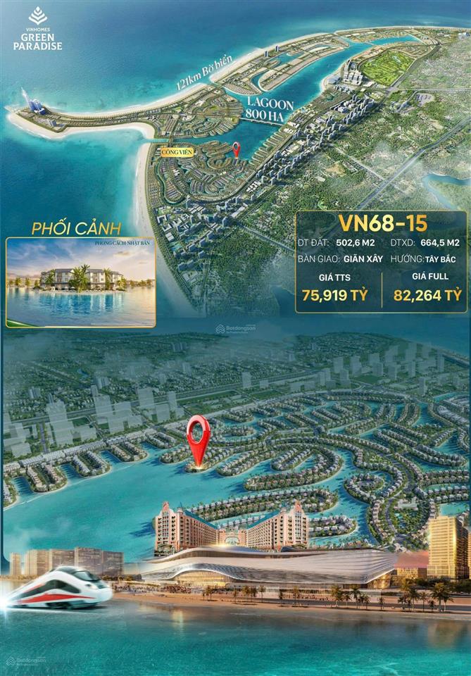 Biệt thự rẽ quạt vn6815 trực diện hồ lagoon, diện tích 503m2, giá 82 tỷ, bãi cát sau nhà riêng tư