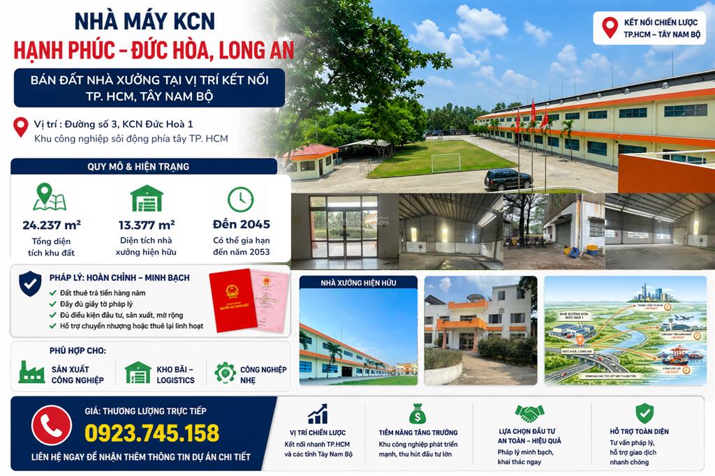 Chuyển nhượng nhà máy và đất công nghiệp kcn hạnh phúc đức hòa, gần tp.hcm, pháp lý hoàn chỉnh