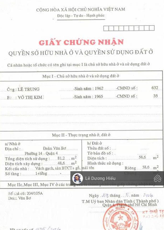 Bán nhà đoàn văn bơ. diện tích 60m2 quận 4. ngang 3.3m (nở hậu) hẻm an ninh. hoàn công đủ. không qh