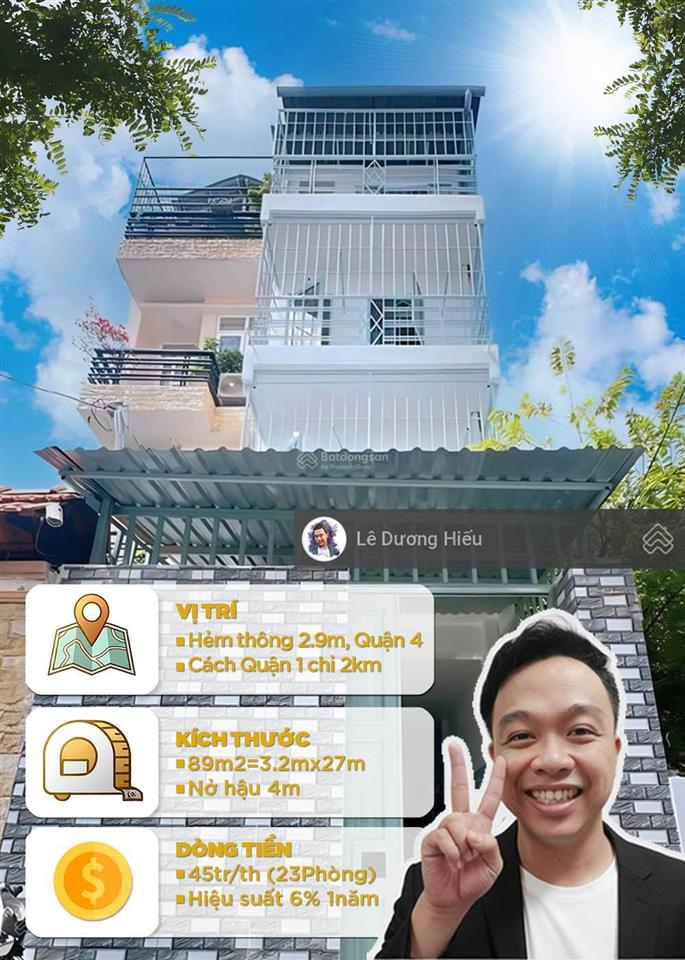 Bán căn hộ dịch vụ quận 4. 89m2. 3 tầng. 20 phòng. hiệu suất đầu tư khủng. hẻm thông 3m