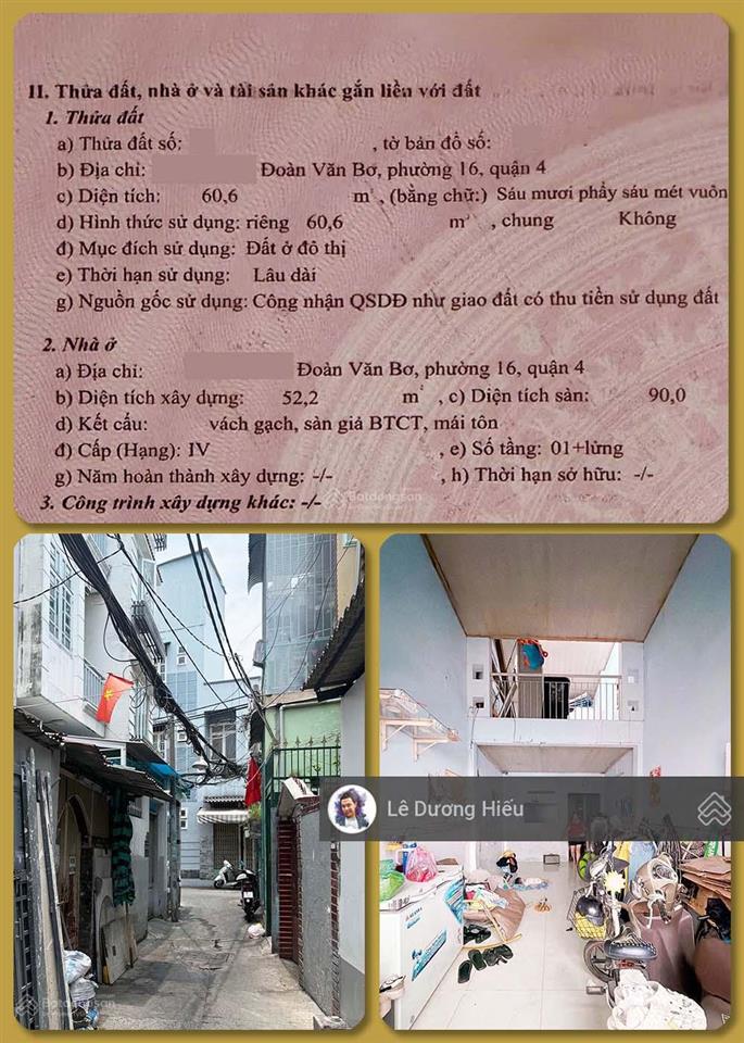 Nhỉnh 4 tỷ. bán nhà đoàn văn bơ 61m2. 3,5mx18m (nở hậu) 2 tầng. hoàn công đủ. hàng xóm quận 1