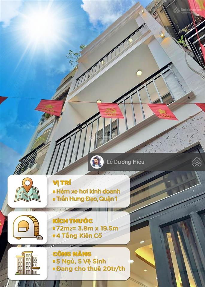 Bán nhà hẻm xe tải trần hưng đạo. 72m2. kt 3.8mx20m, 4 tầng. tiện kinh doanh chdv