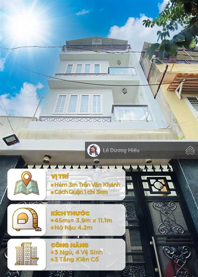 Nhà trần văn khánh. hẻm 3m. sát đường. 45m2. 3 tầng xây 2015. khu dân cư hiện hữu. cách q1 chỉ 3km