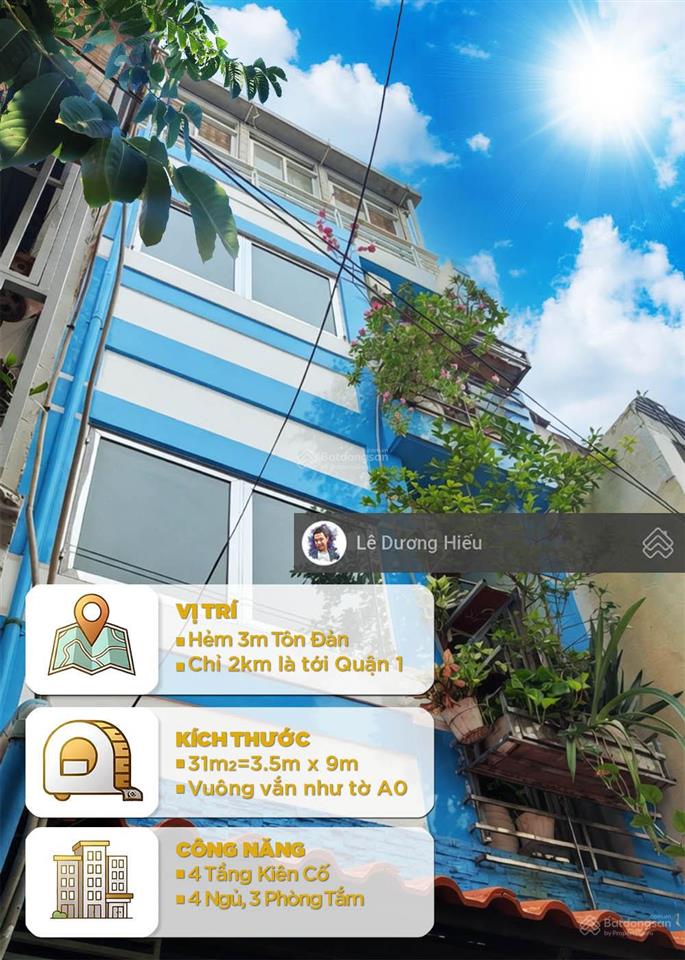 Bán nhà tôn đản đẹp xinh 4 tầng, 4 phòng ngủ, 31m2 3.5mx9m. hẻm gần 3m. không quy hoạch. sát quận 1