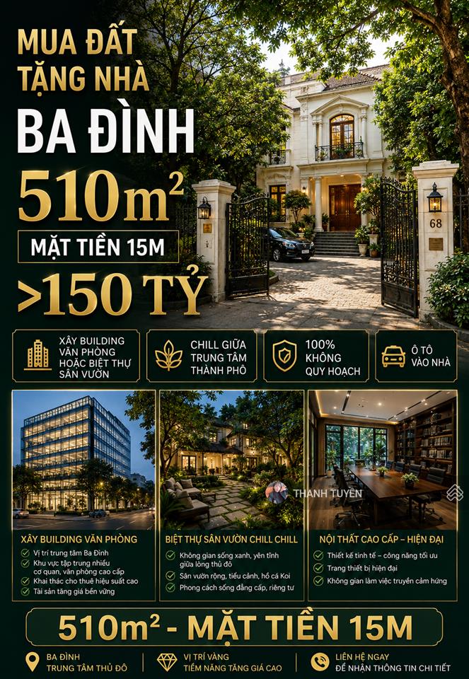 Ba đình trung tâm thủ đô 510m2 mt 15m tài chính trên 150 tỷ