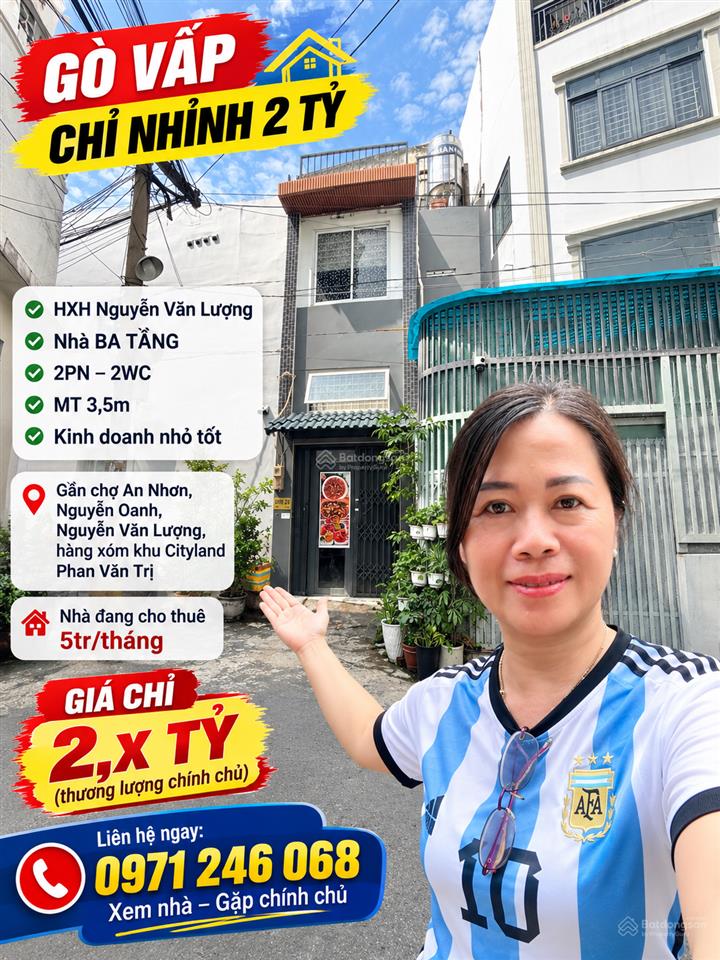 Gò vấp chỉ 2,4 tỷ, hẻm xe hơi nguyễn văn lượng, nhà ba tầng, 2 phòng ngủ, 2wc, mt 3,5m kinh doanh
