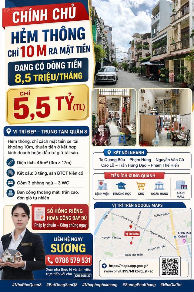 Chính chủ hẻm thông chỉ 10m ra mặt tiền âu dương lân đang có dòng tiền 8,5 triệu/th chỉ 5,5 đồng