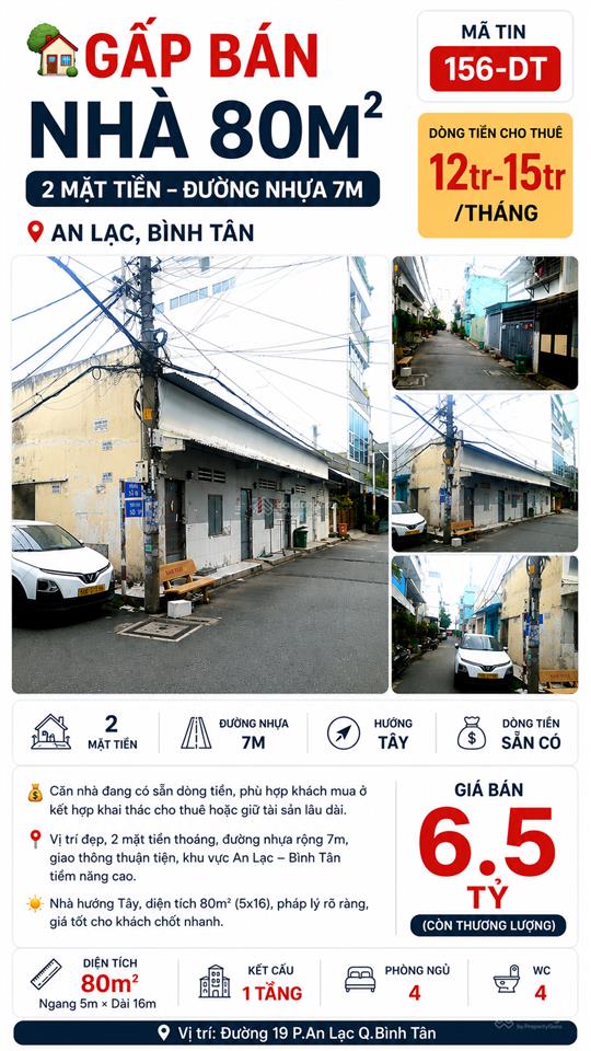 Nhà bán gấp 80m², 2 mặt tiền, dòng tiền có sẵn 15tr  an lạc, bình tân, nhỉnh 6 tỷ